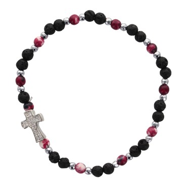 Bracelet sur elastique, grains ronds Ø 4 mm, pierre de lave naturelle & pierre synthetique, croix avec strass. Lot 5 assortis.